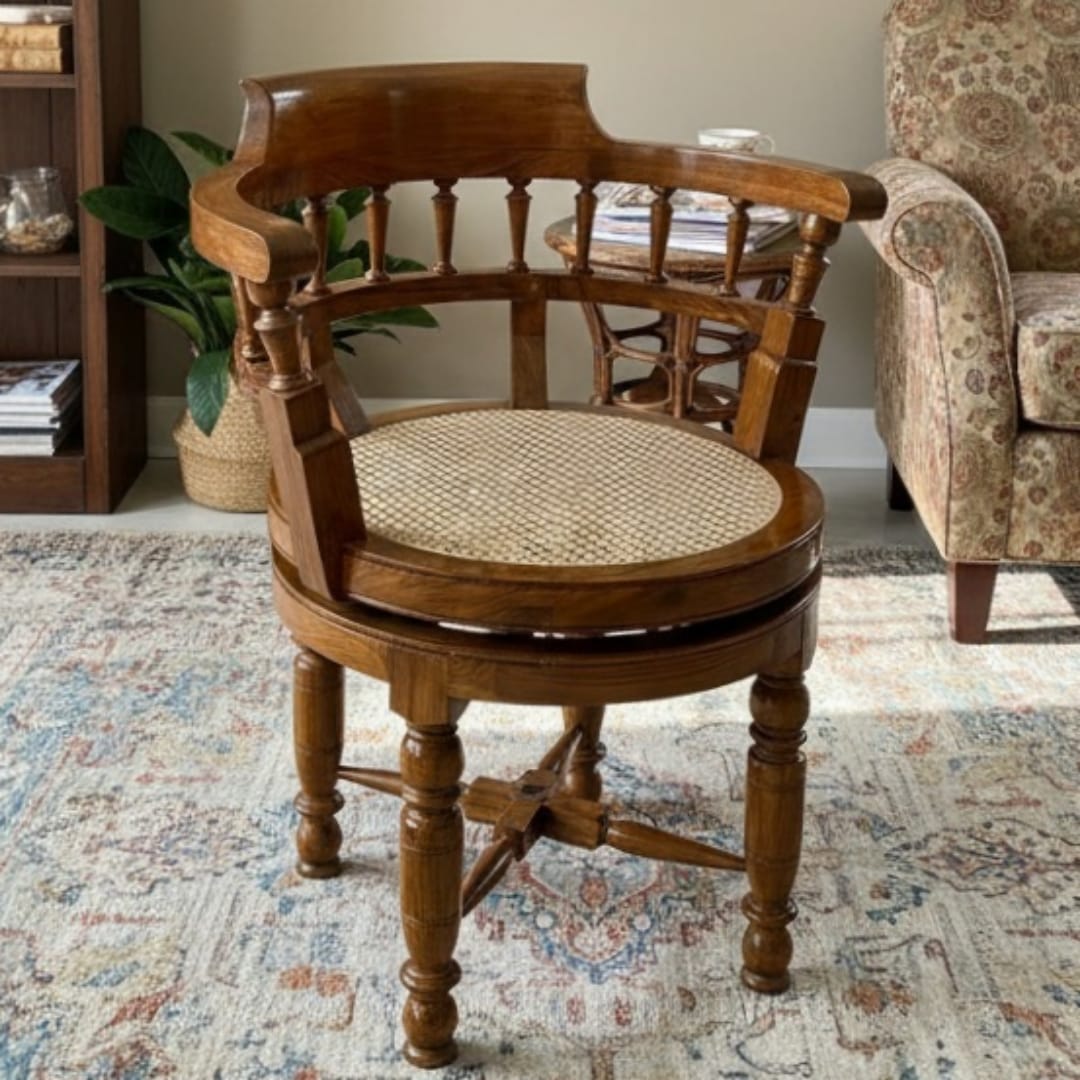 1997 Antique Teakwood Cane Seat Armchair | Wooden Rolling Chair