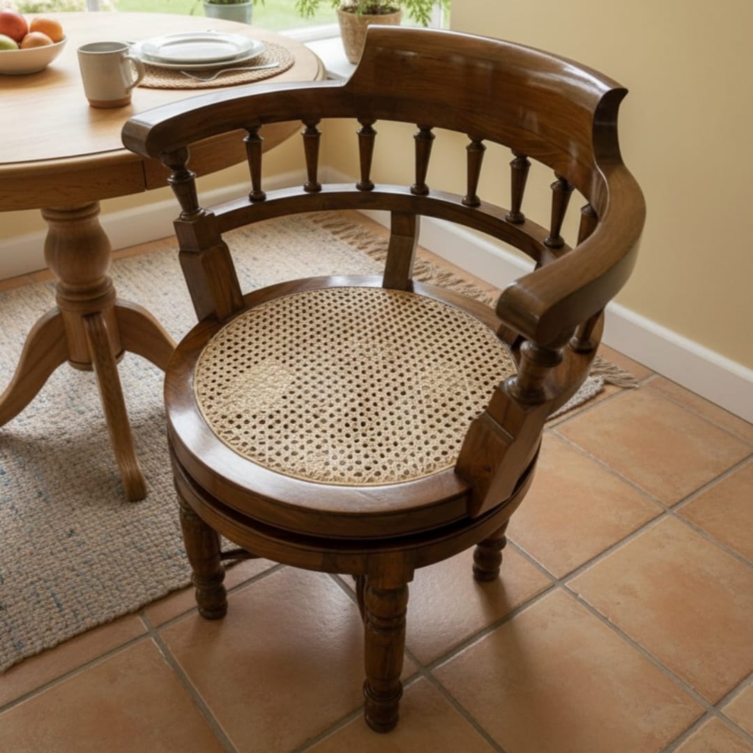 1997 Antique Teakwood Cane Seat Armchair | Wooden Rolling Chair