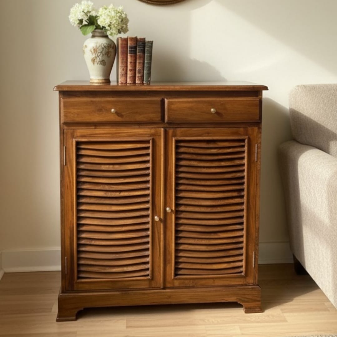 1996 Antique Teakwood Louvered Storage Cabinet | Wooden Sideboard Cabinet