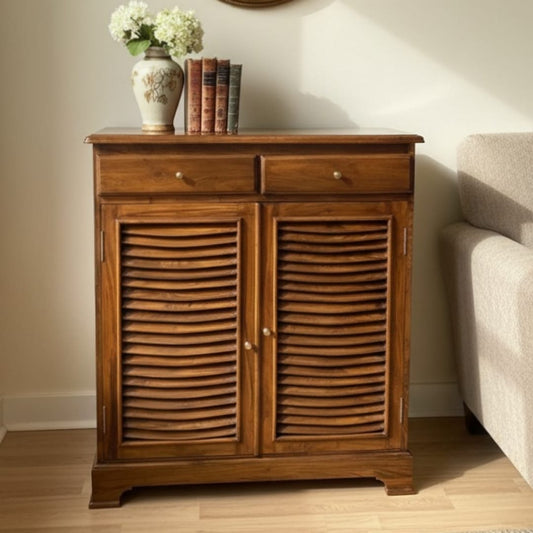1996 Antique Teakwood Louvered Storage Cabinet | Wooden Sideboard Cabinet