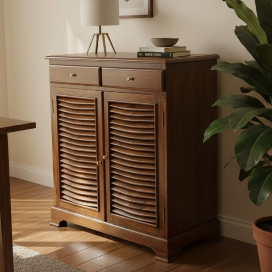 1996 Antique Teakwood Louvered Storage Cabinet | Wooden Sideboard Cabinet