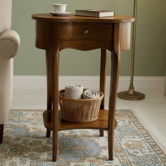 1992 Antique Teak Wood Side Table | Wooden Accent Table with Drawer