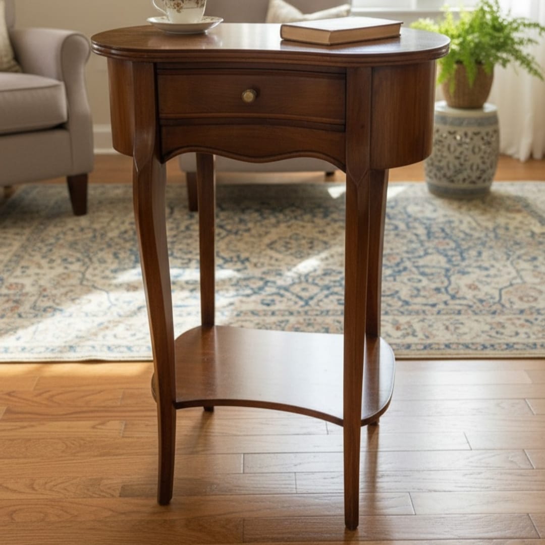 1994 Antique Teak Wood Side Table | Wooden Accent Table with Drawer