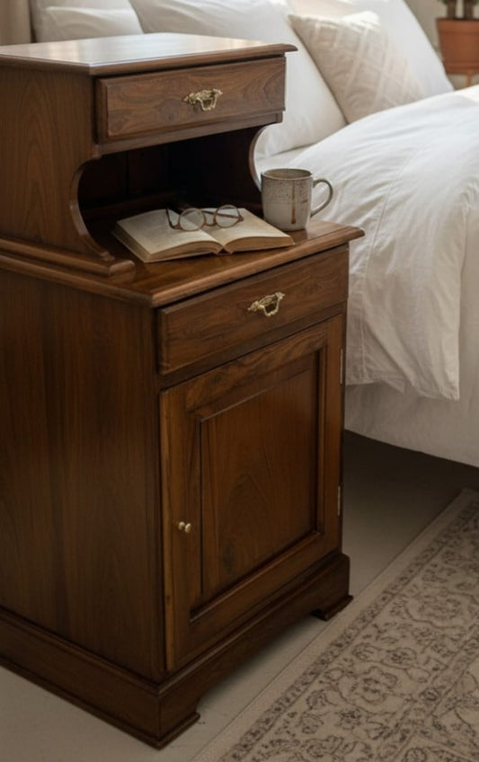 1993 Antique Teak Wood Bedside Cabinet | Wooden Storage Side Unit