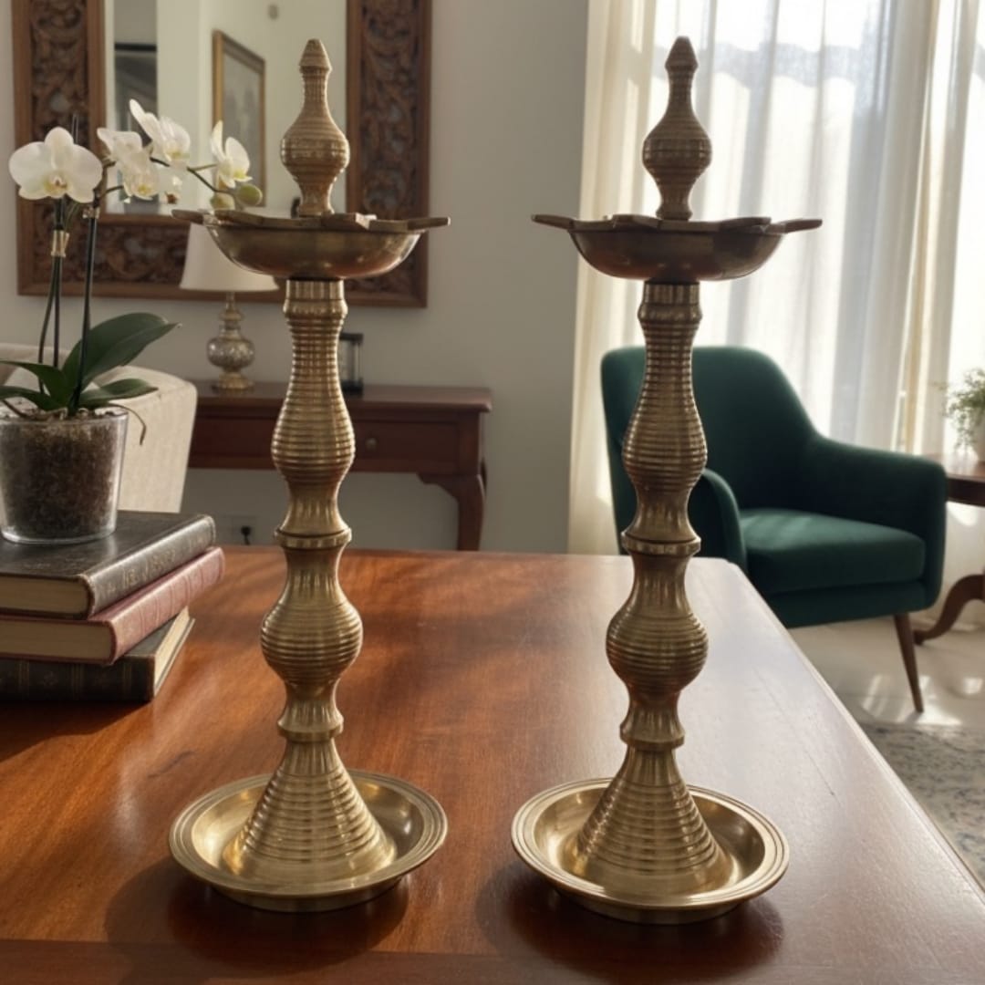 1988 Antique Brass Samay in Pair | Tall Brass Decorative Lamp Stand