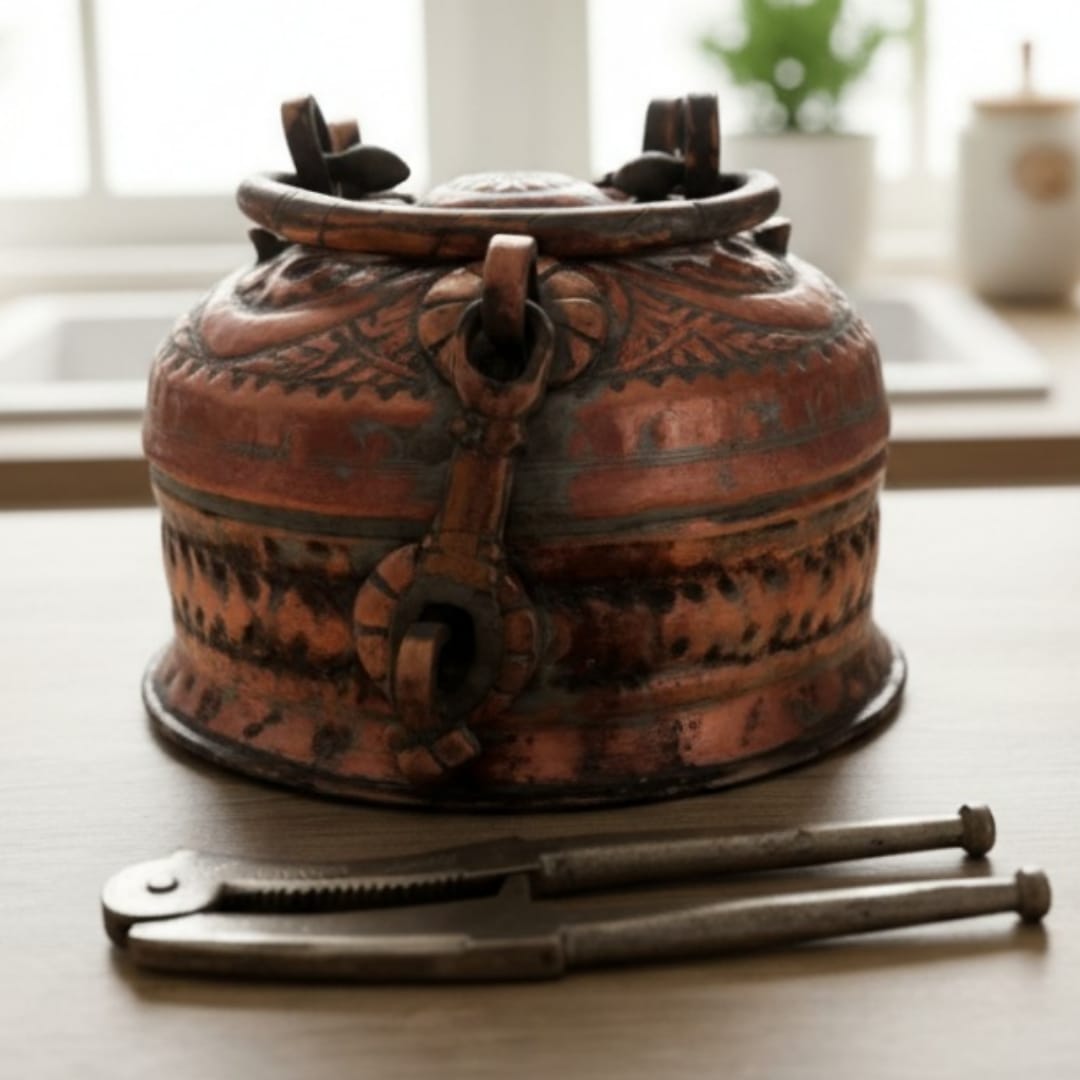 1982 Antique Copper Engraved Pan Dabba | Copper Storage Container