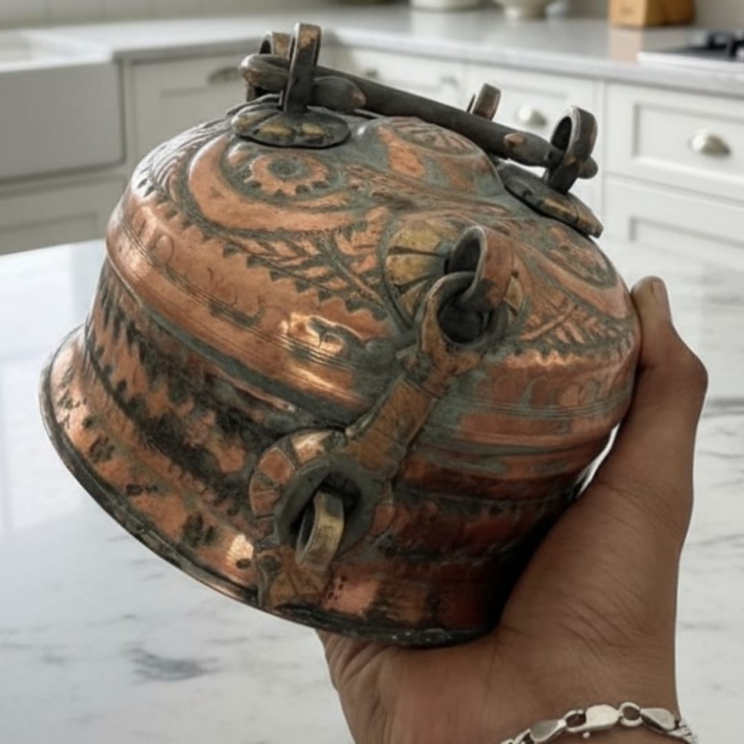 1982 Antique Copper Engraved Pan Dabba | Copper Storage Container