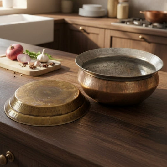 1987 Antique Brass Cooking Bowl with Small Parat | Brass Kitchenware Set