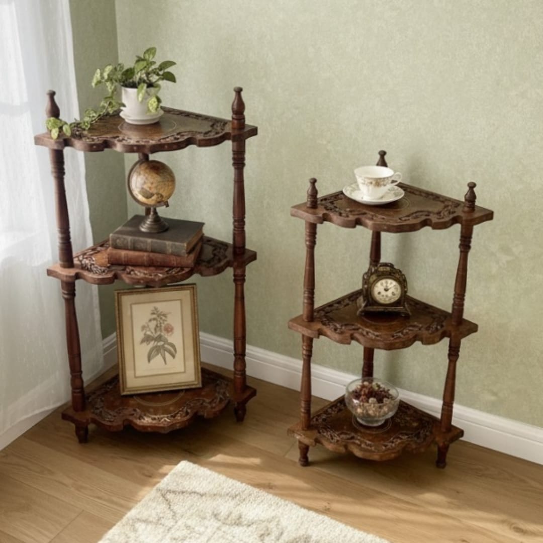1974 Antique Carved Kashmiri Rosewood Foldable Nesting Side Tables | Floral Inlay Display Stands in Pair - Bombay Antiques