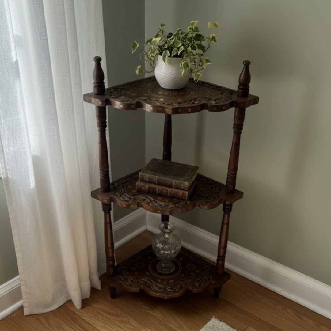 1974 Antique Carved Kashmiri Rosewood Foldable Nesting Side Tables | Floral Inlay Display Stands in Pair - Bombay Antiques