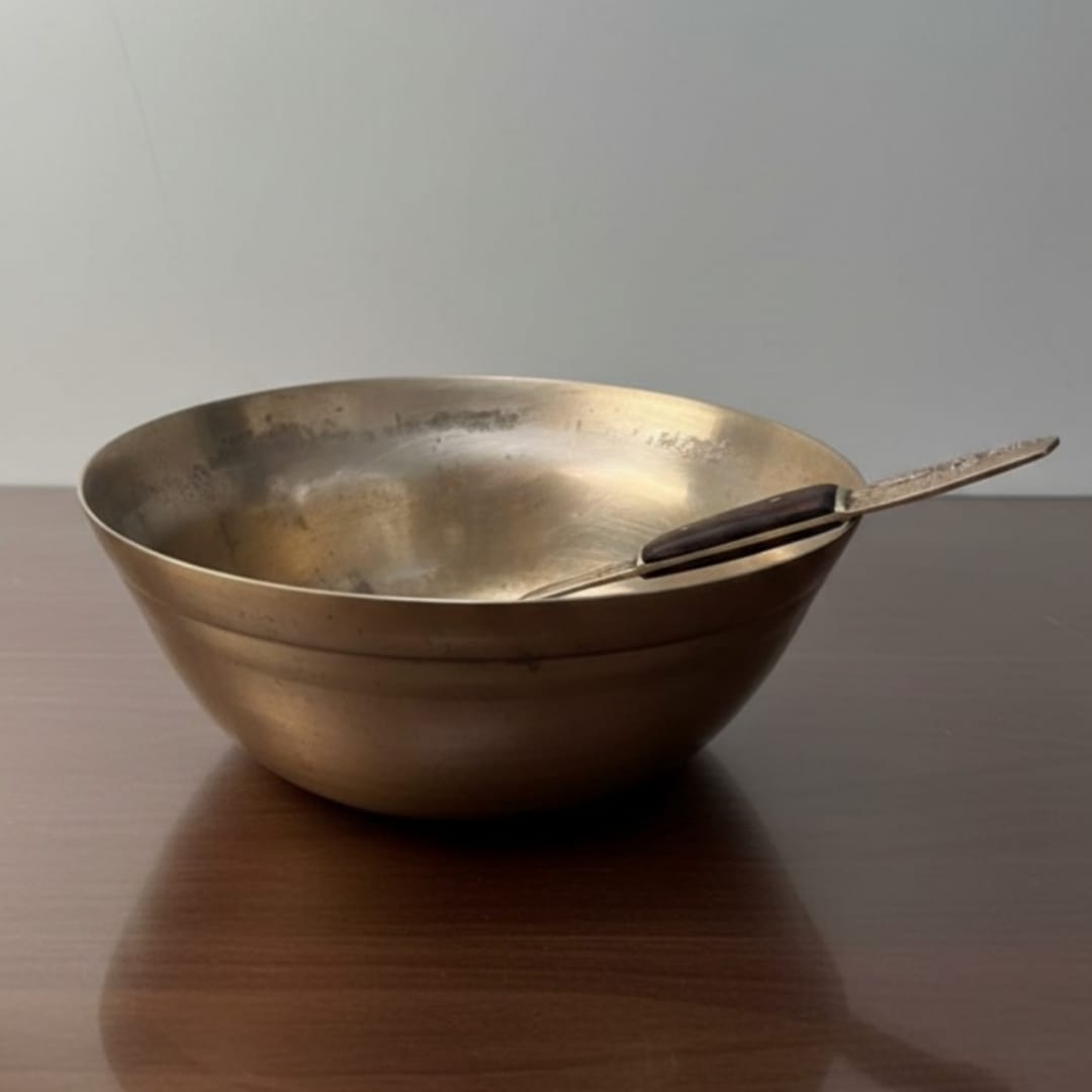 1975 Antique Bronze Bowl with Matching Spoon | Classic Serving & Tabletop Accent