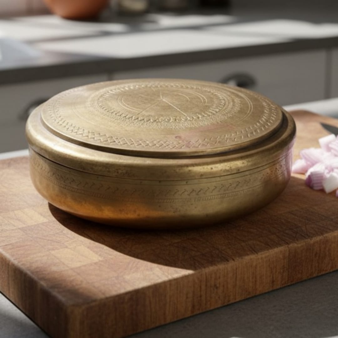 1979 Antique Brass Engraved Chapati Box | Traditional Food Storage & Tabletop Accent