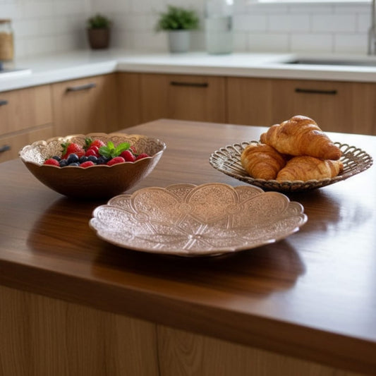 1984 Antique Brass Engraved Decor & Serving Bowl Set of 3 | Graduated Brass Bowls - Bombay Antiques