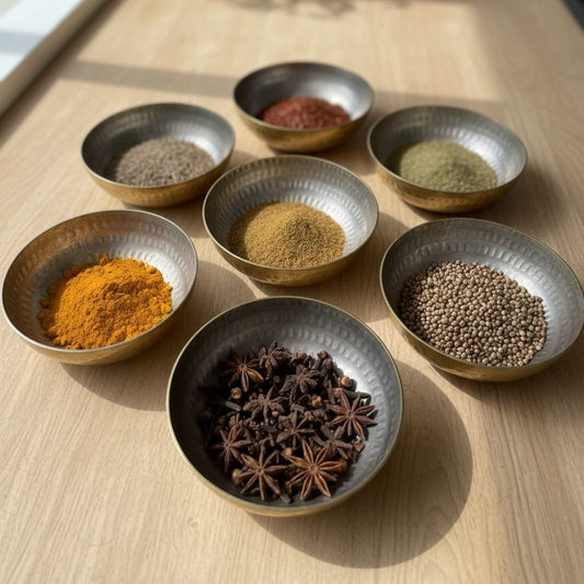 1981 Antique Brass Pyala Set of 6 | Silver-Coated Engraved Drinking Bowls - Bombay Antiques