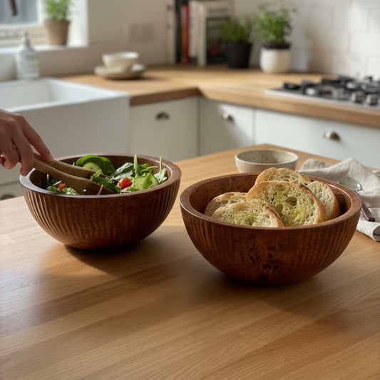 1988 Antique Rosewood Bowls Pair | Solid Wooden Serving & Storage Bowls