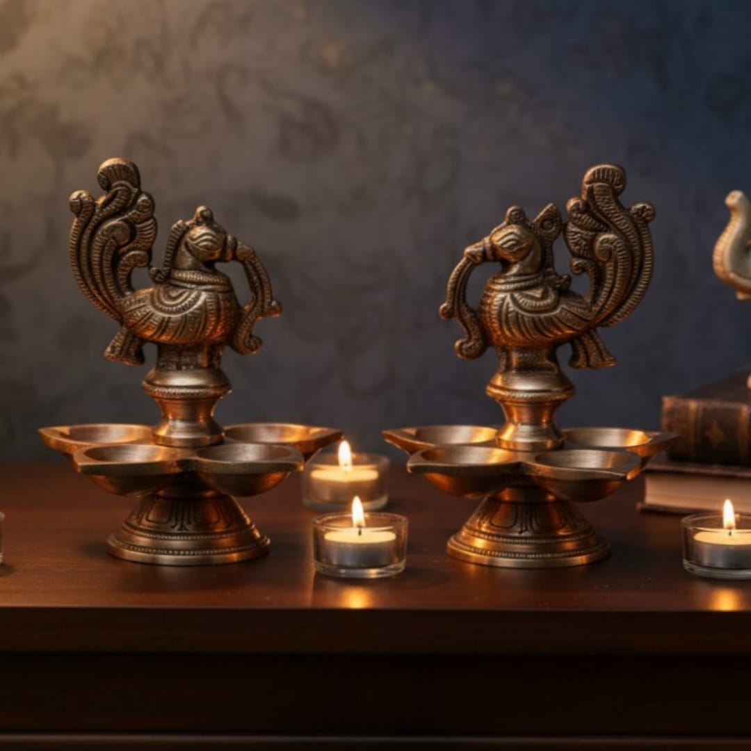 1973 Antique Brass Engraved Diya Pair | Matched Oil Lamps with Detailed Etching - Bombay Antiques