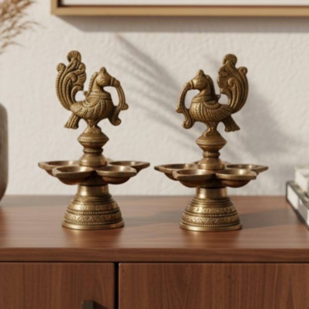 1973 Antique Brass Engraved Diya Pair | Matched Oil Lamps with Detailed Etching - Bombay Antiques