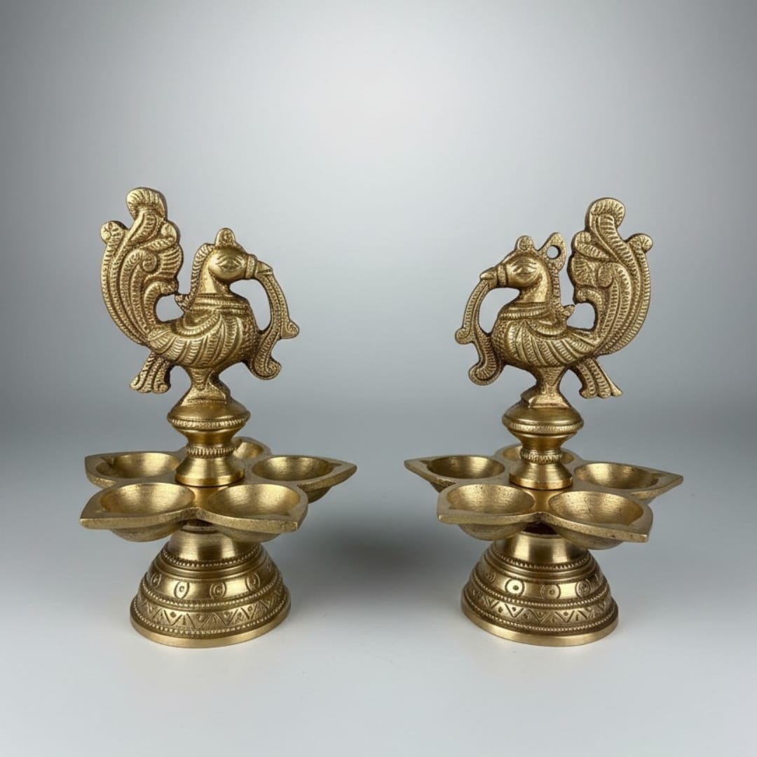1973 Antique Brass Engraved Diya Pair | Matched Oil Lamps with Detailed Etching - Bombay Antiques