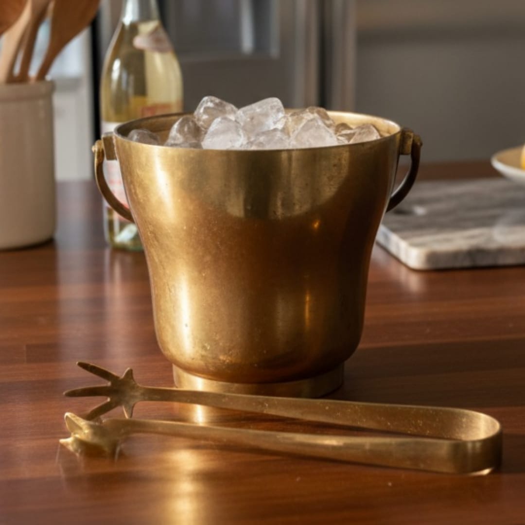 1981 Antique Brass Bucket with Tong 1.5 Litre | Compact Serving Bucket with Handle - Bombay Antiques