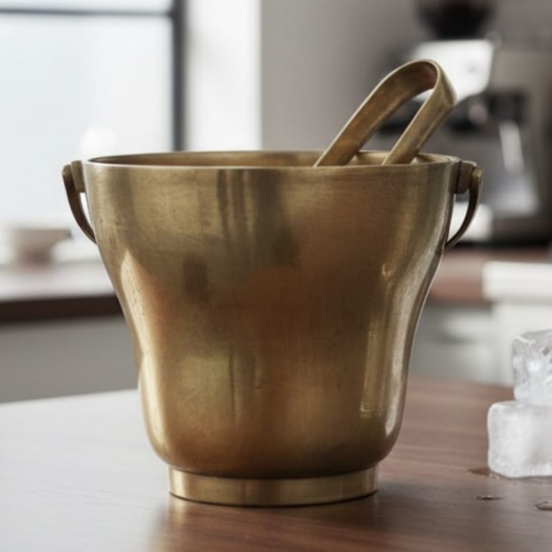 1981 Antique Brass Bucket with Tong 1.5 Litre | Compact Serving Bucket with Handle - Bombay Antiques
