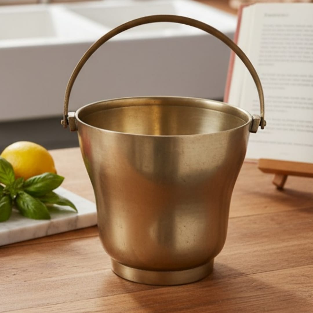 1981 Antique Brass Bucket with Tong 1.5 Litre | Compact Serving Bucket with Handle - Bombay Antiques