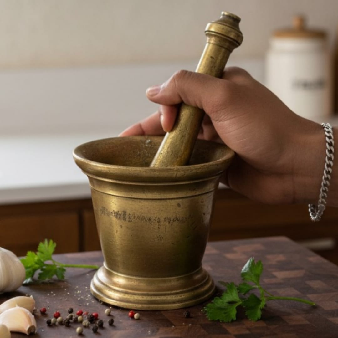 1974 Antique Brass Heavy Khalbatta | Solid Mortar and Pestle Grinding Set - Bombay Antiques