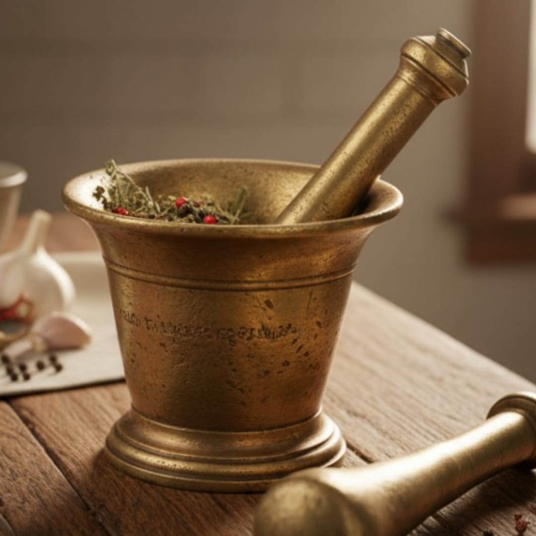 1974 Antique Brass Heavy Khalbatta | Solid Mortar and Pestle Grinding Set - Bombay Antiques