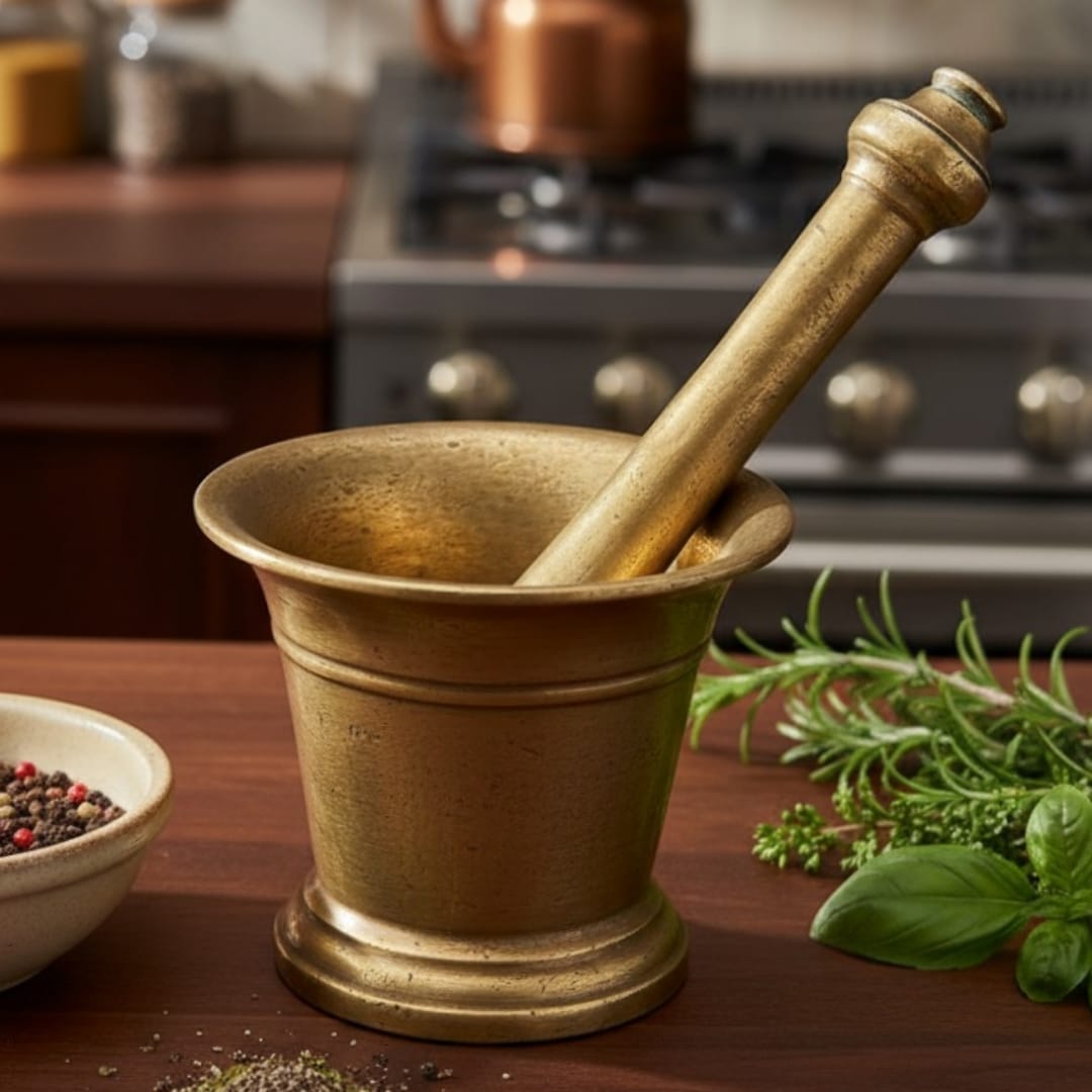 1974 Antique Brass Heavy Khalbatta | Solid Mortar and Pestle Grinding Set - Bombay Antiques