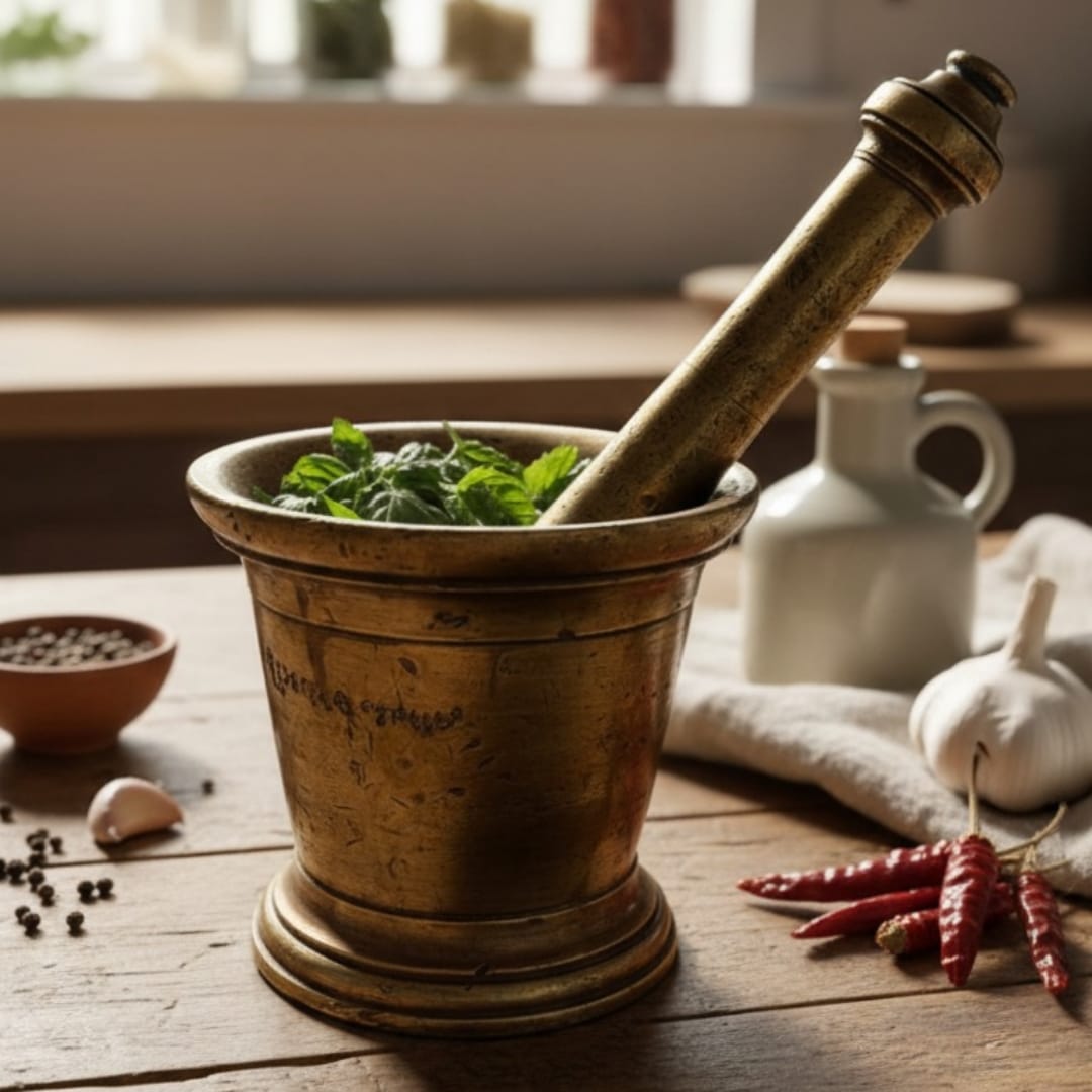 1974 Antique Brass Heavy Khalbatta | Solid Mortar and Pestle Grinding Set - Bombay Antiques