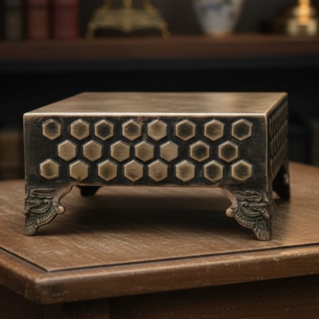 1972 Antique Brass Chowki | Raised Square Platform Stand - Bombay Antiques