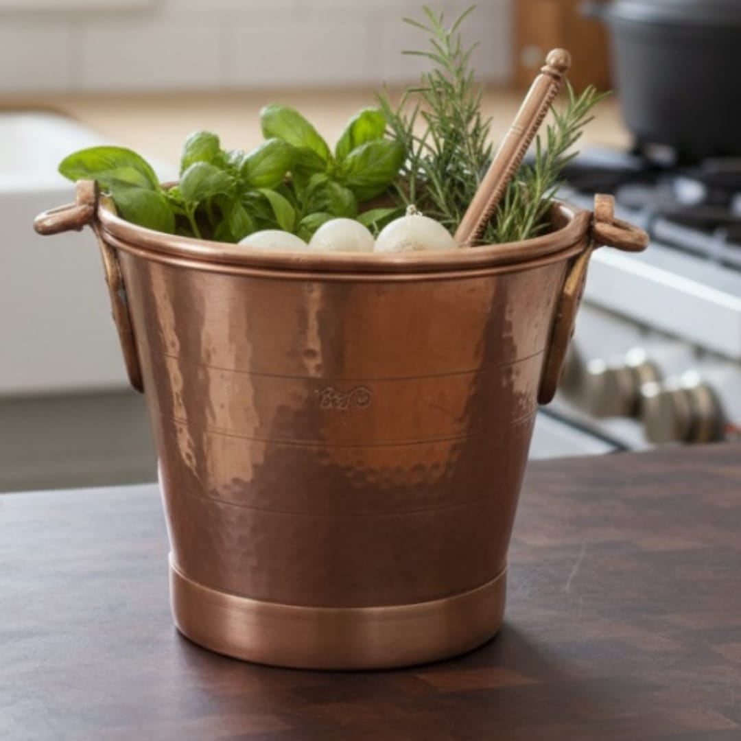 1979 Antique Brass Small Bucket with Ladle | Rounded Serving Bucket with Handle - Bombay Antiques