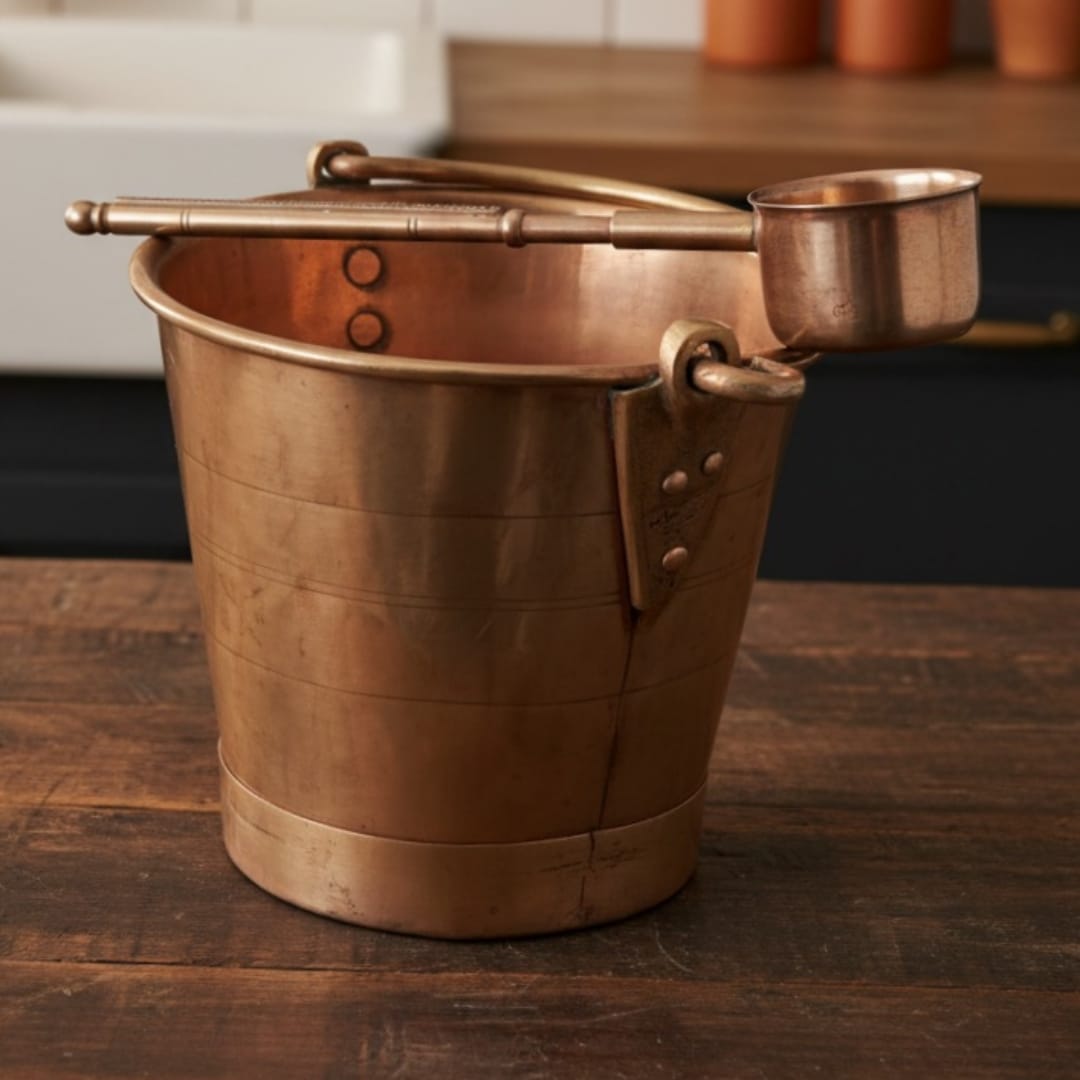 1979 Antique Brass Small Bucket with Ladle | Rounded Serving Bucket with Handle - Bombay Antiques