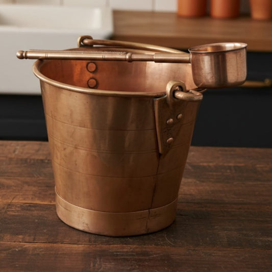 1979 Antique Brass Small Bucket with Ladle | Rounded Serving Bucket with Handle - Bombay Antiques