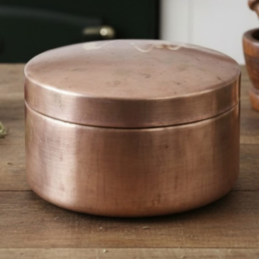 1984 Antique Brass Big Storage Box | Wide Round Container with Fitted Lid - Bombay Antiques