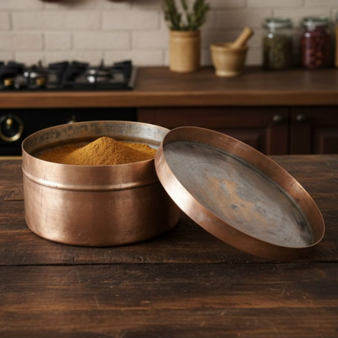 1984 Antique Brass Big Storage Box | Wide Round Container with Fitted Lid - Bombay Antiques