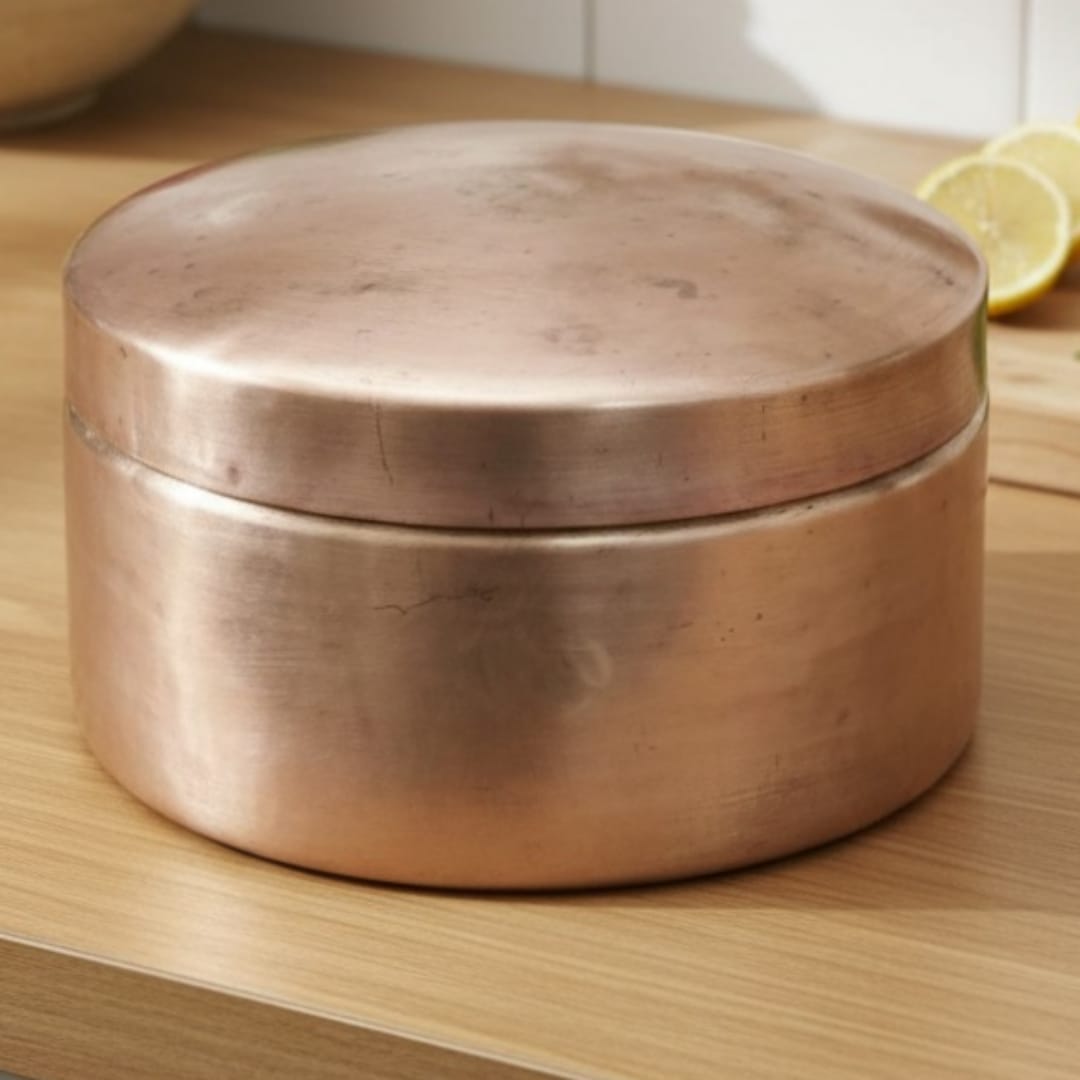 1984 Antique Brass Big Storage Box | Wide Round Container with Fitted Lid - Bombay Antiques