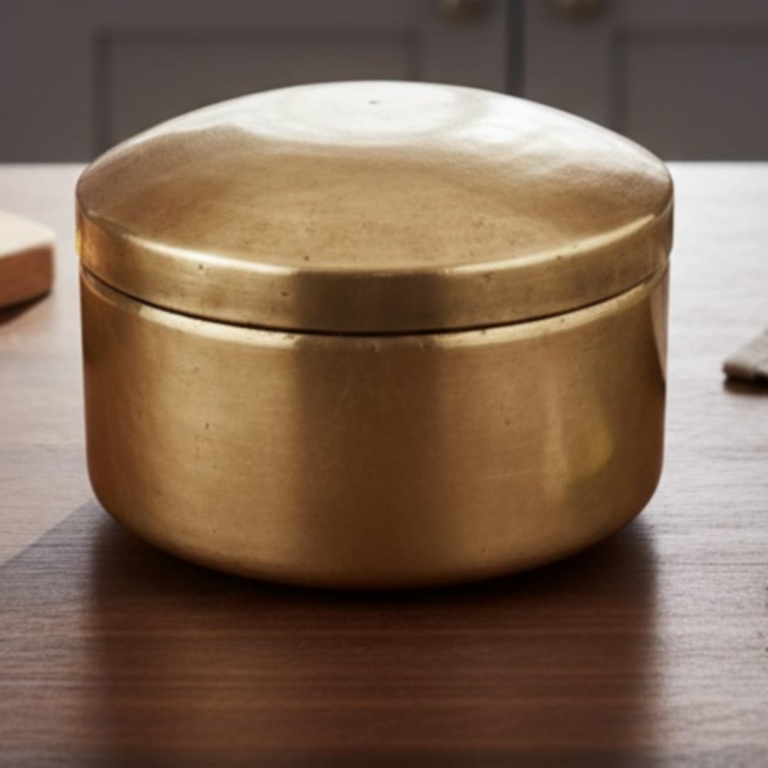 1978 Antique Brass Small Storage Box | Round Utility Container with Fitted Lid - Bombay Antiques