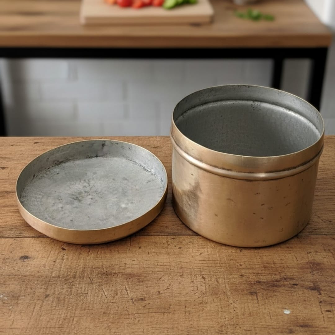 1978 Antique Brass Small Storage Box | Round Utility Container with Fitted Lid - Bombay Antiques