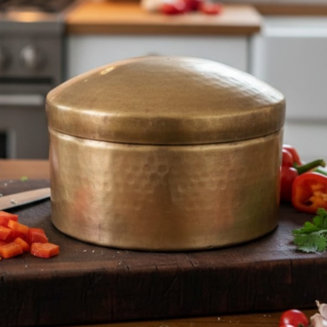 1978 Antique Brass Small Storage Box | Round Utility Container with Fitted Lid - Bombay Antiques