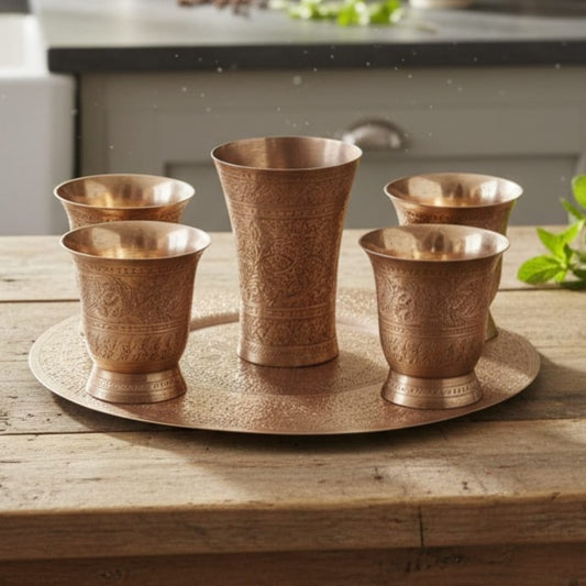 1983 Antique Brass Engraved Refreshment Set | Tray with One Tall Glass and Four Standard Tumblers - Bombay Antiques