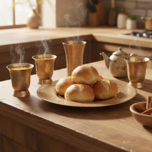 1983 Antique Brass Engraved Refreshment Set | Tray with One Tall Glass and Four Standard Tumblers - Bombay Antiques