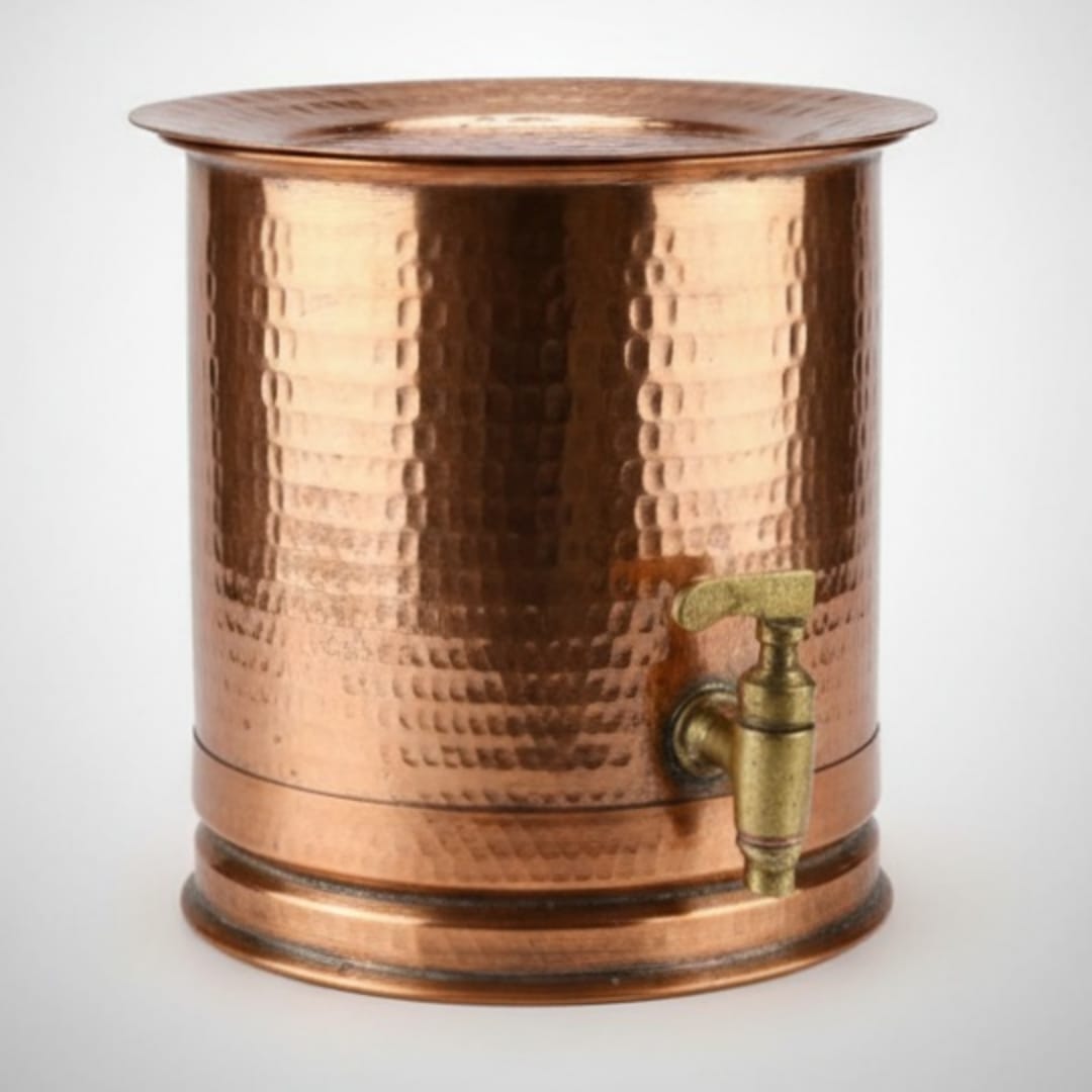 1978 Antique Copper Water Dispenser with Brass Tap | Hammered Cylindrical Storage Vessel - Bombay Antiques