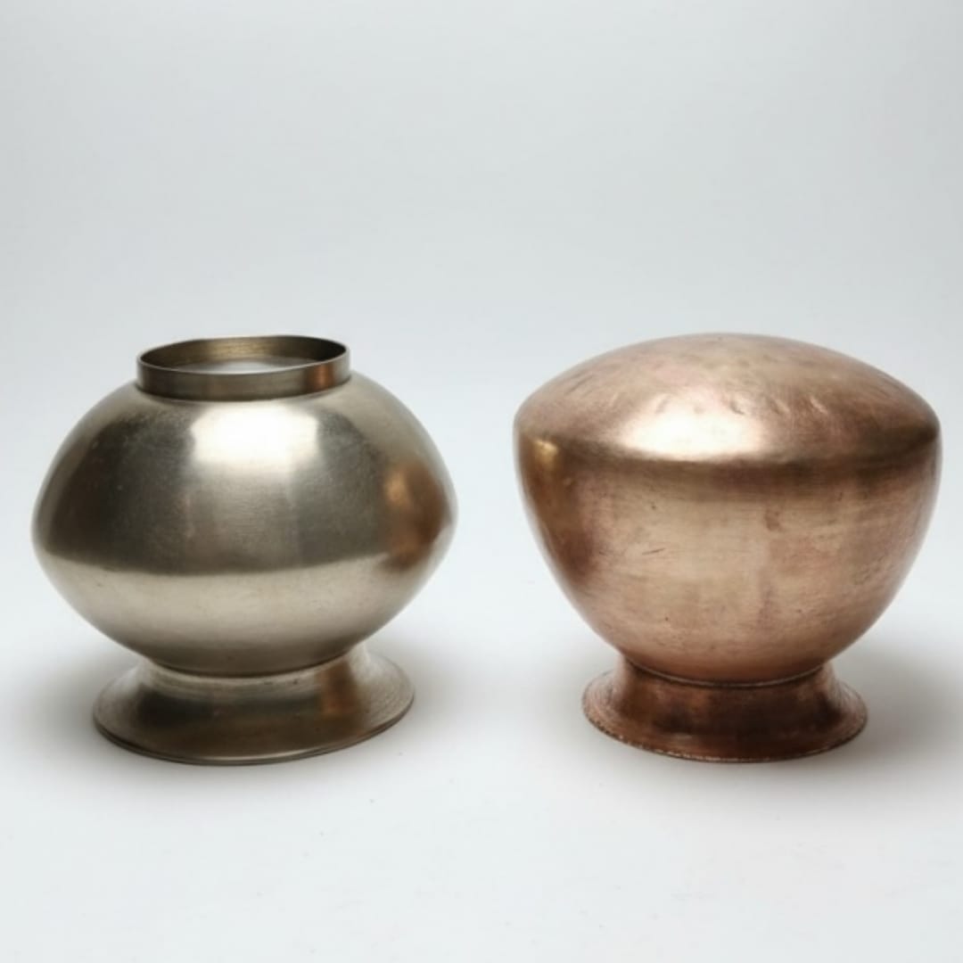 1976 Antique Brass and Bronze Kalash in Pair | Coordinated Dual-Tone Decorative Vessels - Bombay Antiques