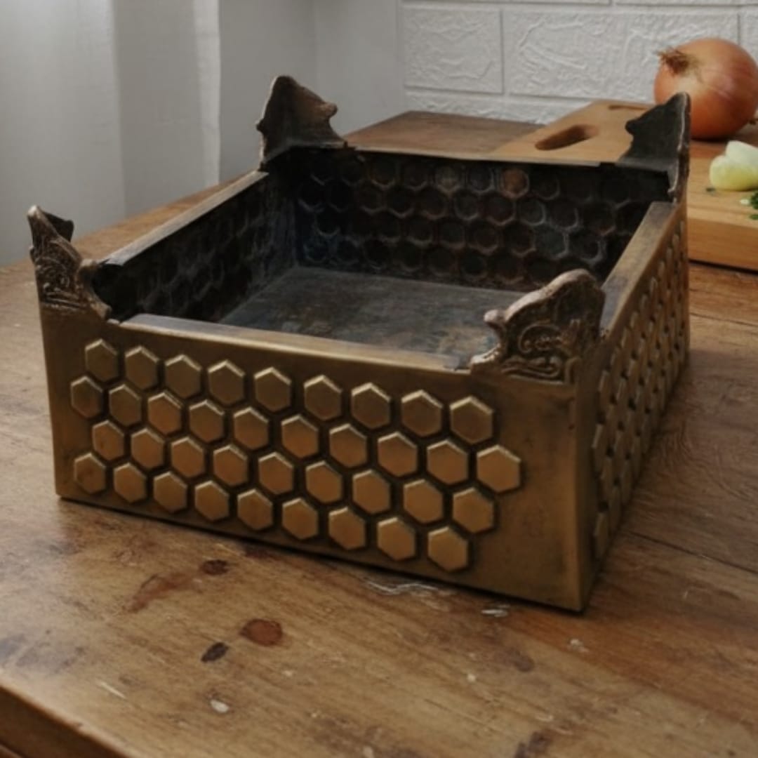 1978 Antique Brass Big Chowki | Raised Rectangular Platform Stand - Bombay Antiques