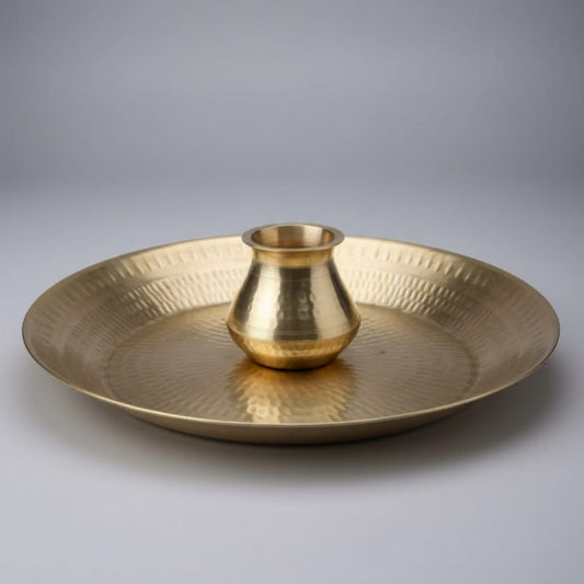 1977 Antique Brass Paraat and Kalash Set | Wide Display Platter with Matching Brass Pot - Bombay Antiques