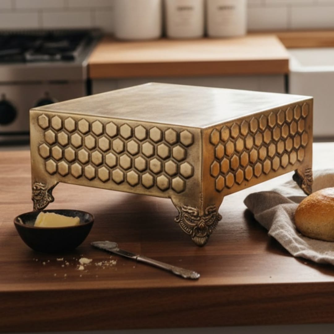 1978 Antique Brass Big Chowki | Raised Rectangular Platform Stand - Bombay Antiques