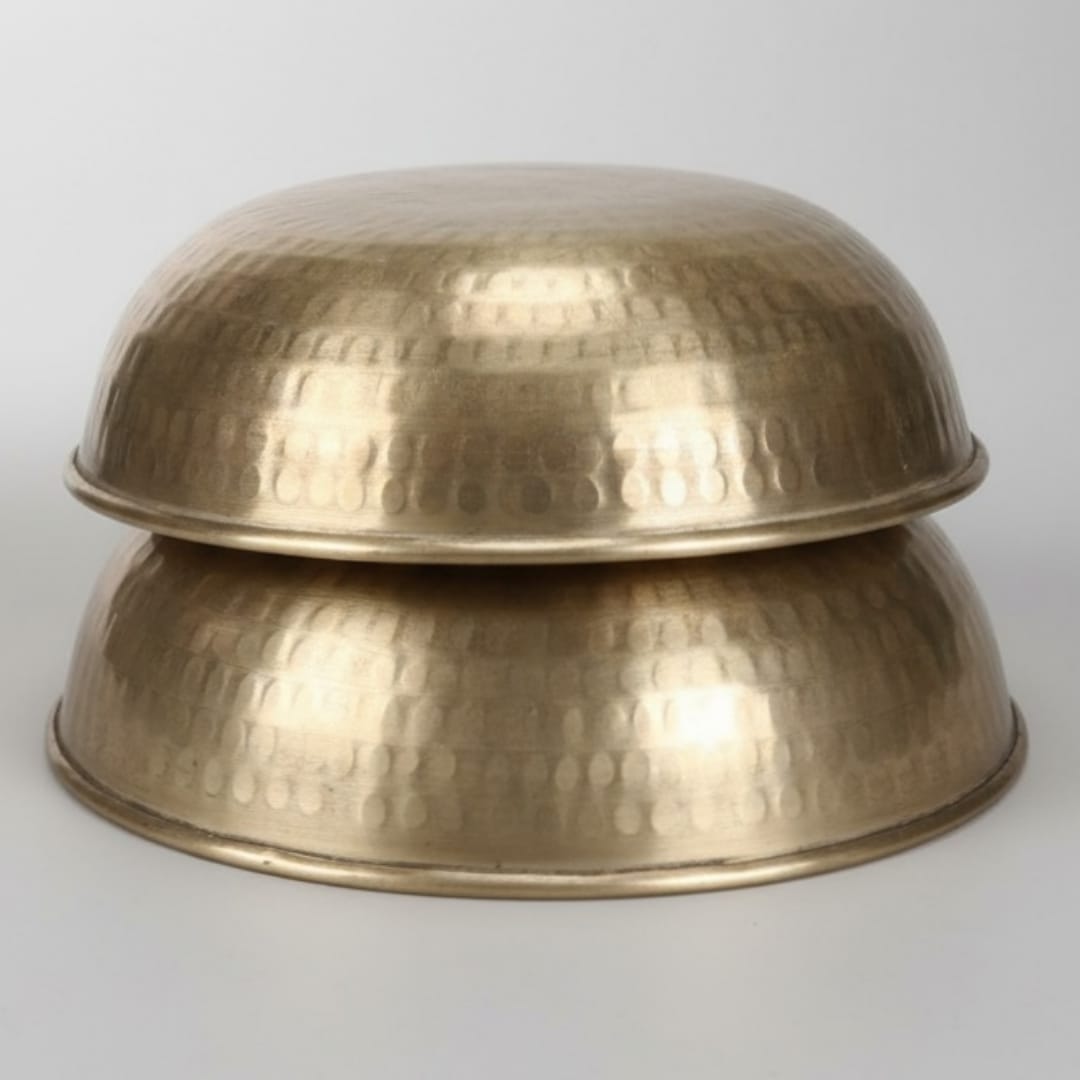 1975 Antique Brass Hammered Bowls in Pair | Dual Size Serving and Mixing Bowls - Bombay Antiques