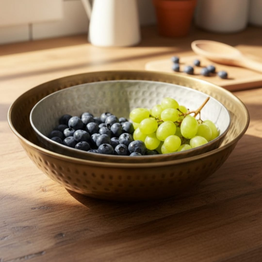 1975 Antique Brass Hammered Bowls in Pair | Dual Size Serving and Mixing Bowls - Bombay Antiques