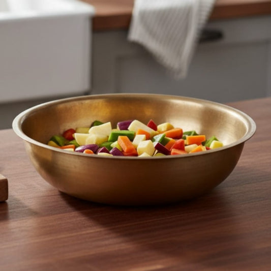 1974 Antique Brass Wide Serving Bowl | 12.8 Inch Deep Utility Paraat Style Bowl - Bombay Antiques