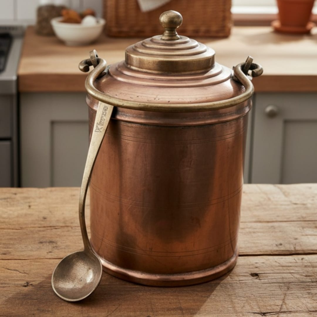 1985 Antique Brass Canister with Ladle | 5 Litre Large Capacity Serving Vessel - Bombay Antiques